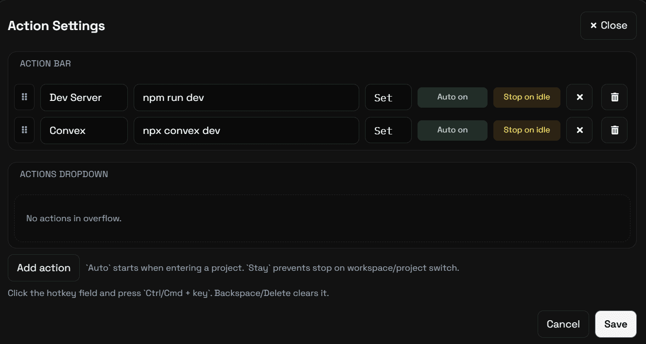 GameraCode preset actions panel