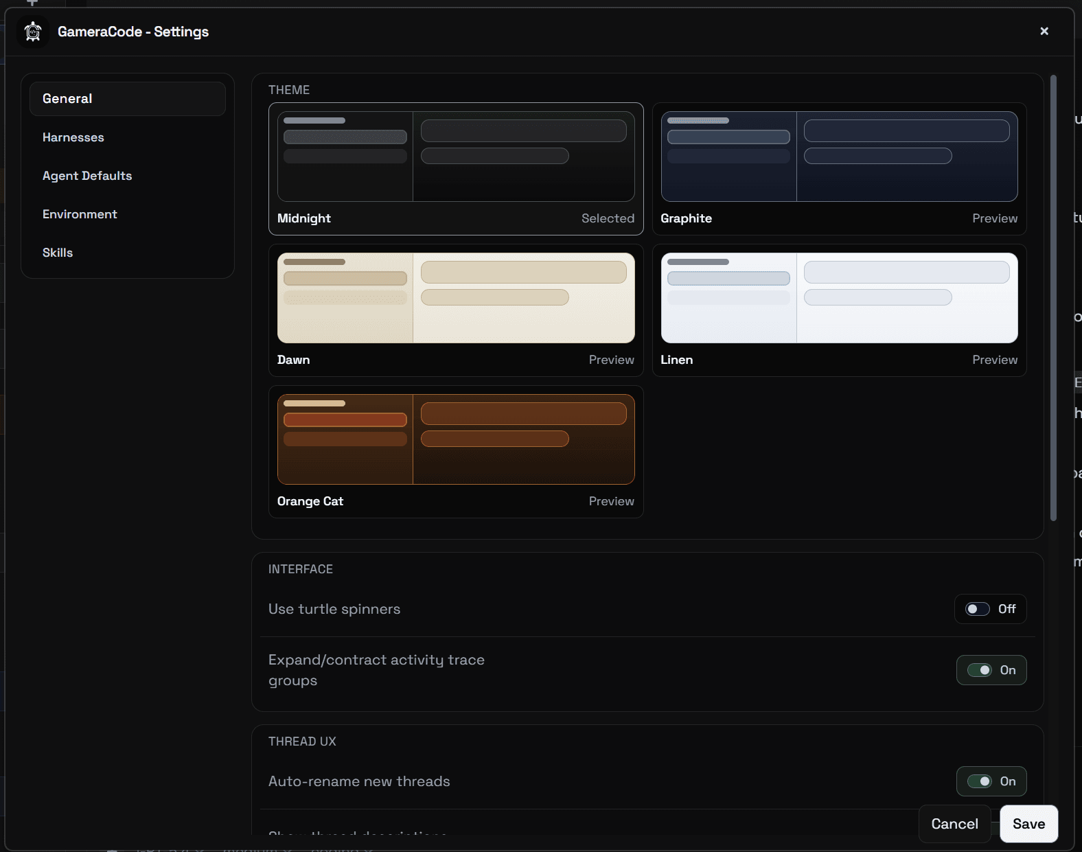 GameraCode settings and customization screen